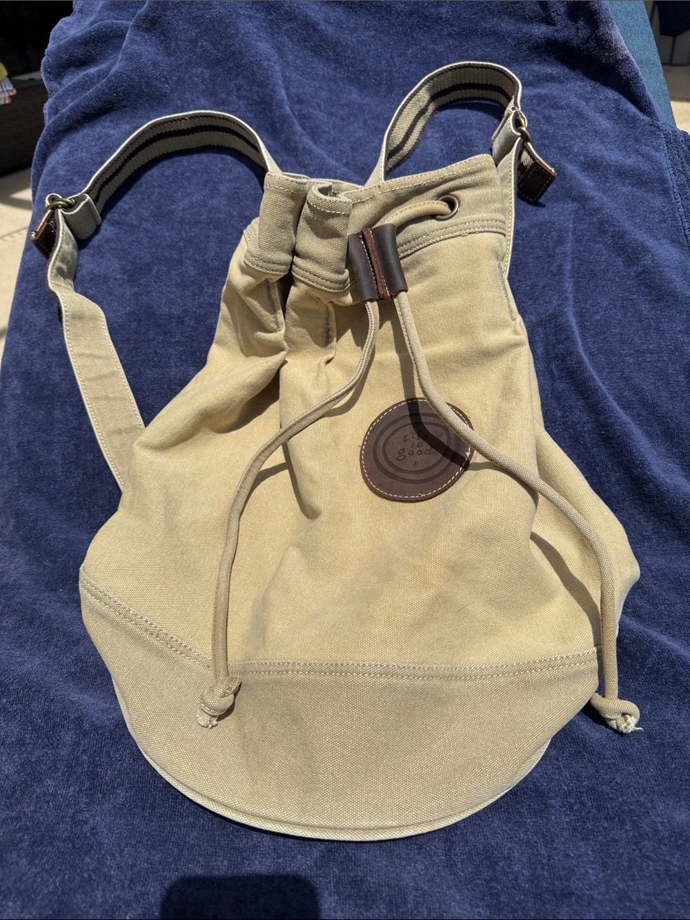 Life Is Good Canvas Drawstring Backpack - Beige & Brown leather Accents